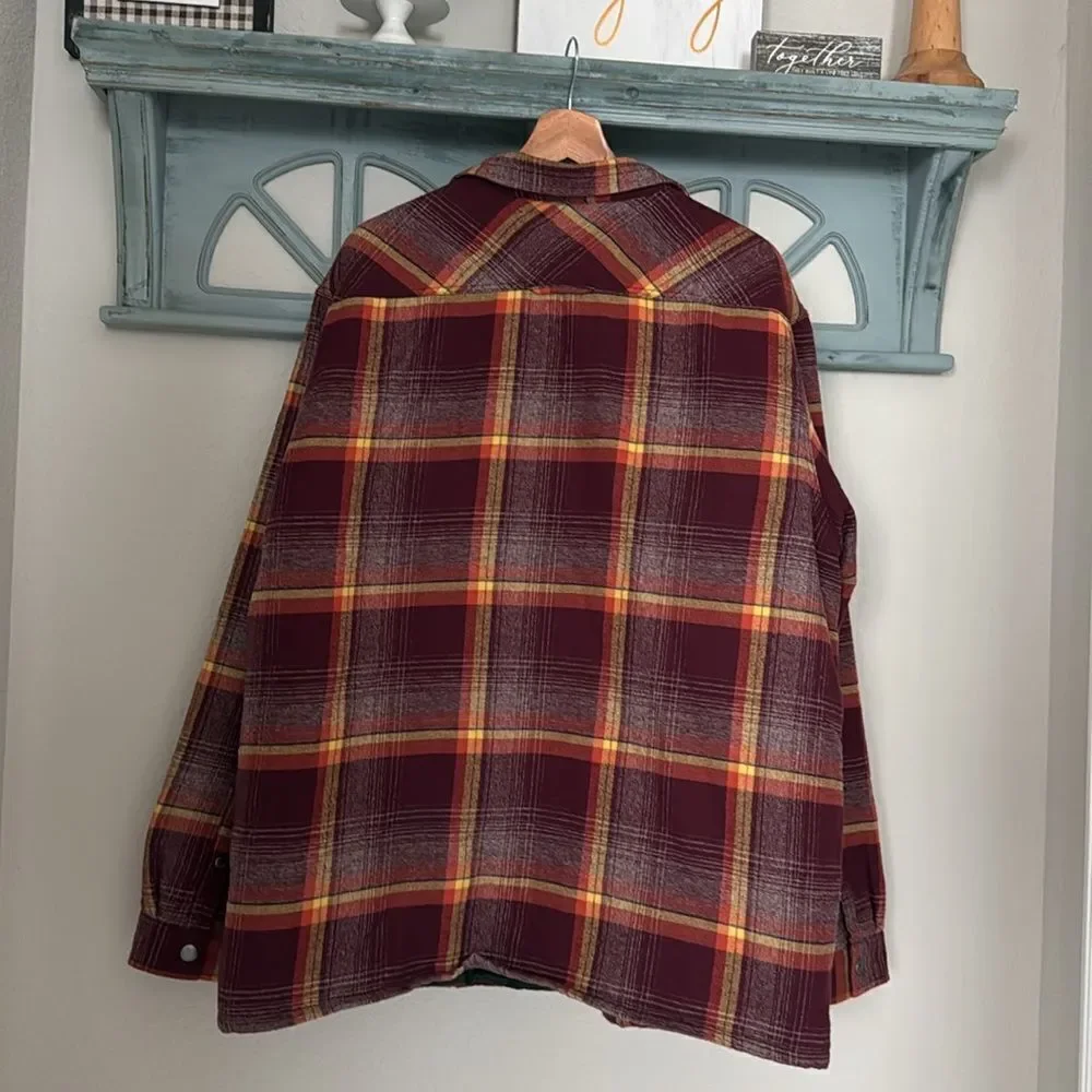 Sun & Stone Men's Plaid Flannel Shirt Shacket Burgundy Yellow Jacob Shirt Jacket